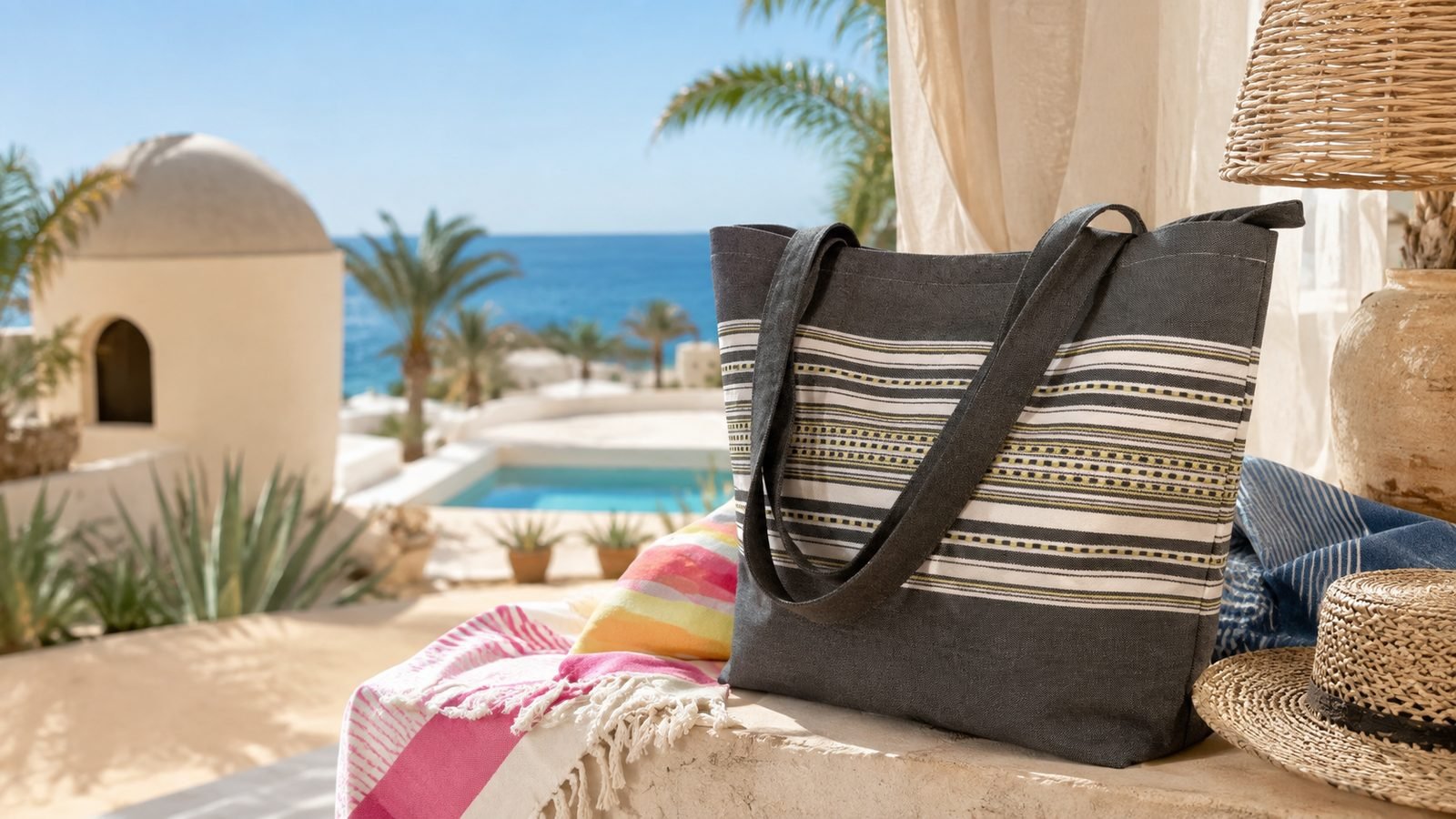 Sac cabas Djerba Style posé sur une terrasse face à la mer